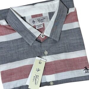 Original Penguin Munsingwear Shirt Button Up Mens Sz XXL Striped Red Gray Logo‎